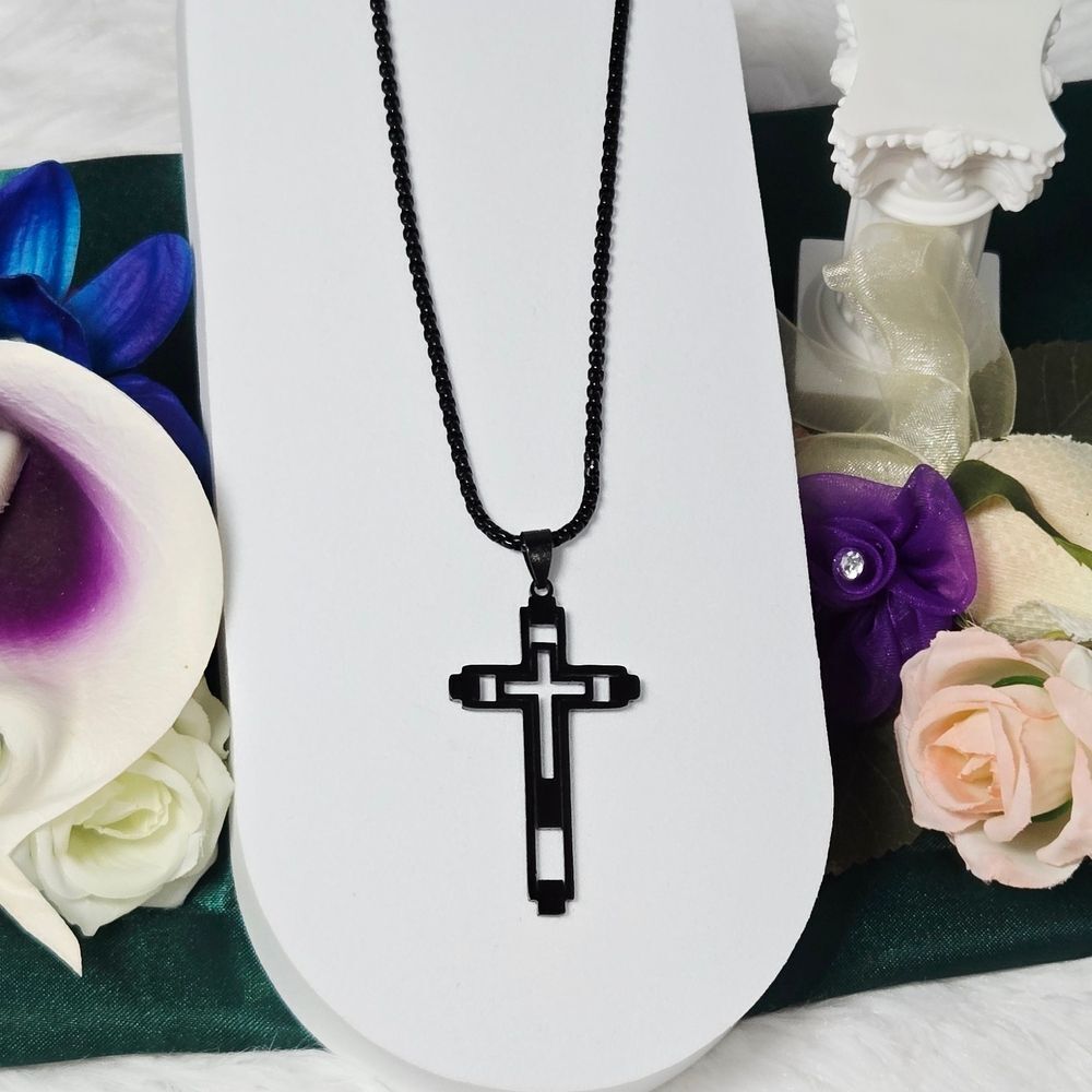Black Hollow Double Cross Pendant Necklace Modern 24” Stainless Steel Box Chain